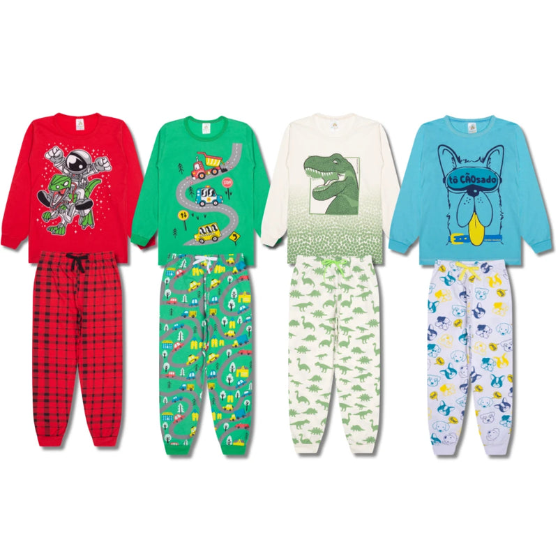 kit Infantil 6 Conjuntos de Pijama 3 Camisetas Manga Longa + 3 Calças