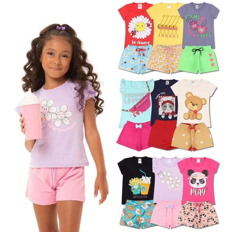 kit Infantil Menina 10 Peças de Bermuda e Camiseta