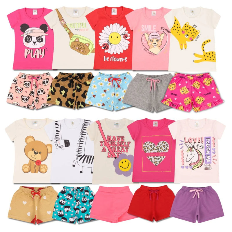 kit Infantil Menina 10 Peças de Bermuda e Camiseta