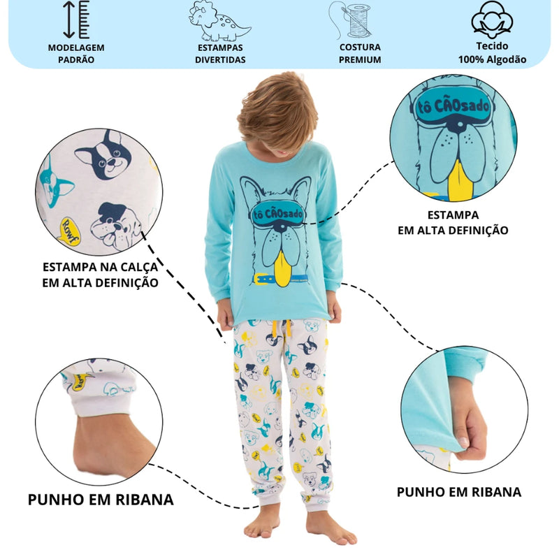 kit Infantil 6 Conjuntos de Pijama 3 Camisetas Manga Longa + 3 Calças