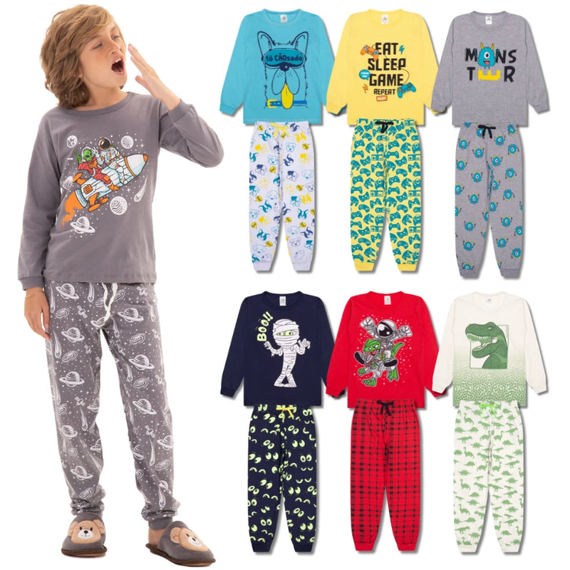 kit Infantil 6 Conjuntos de Pijama 3 Camisetas Manga Longa + 3 Calças